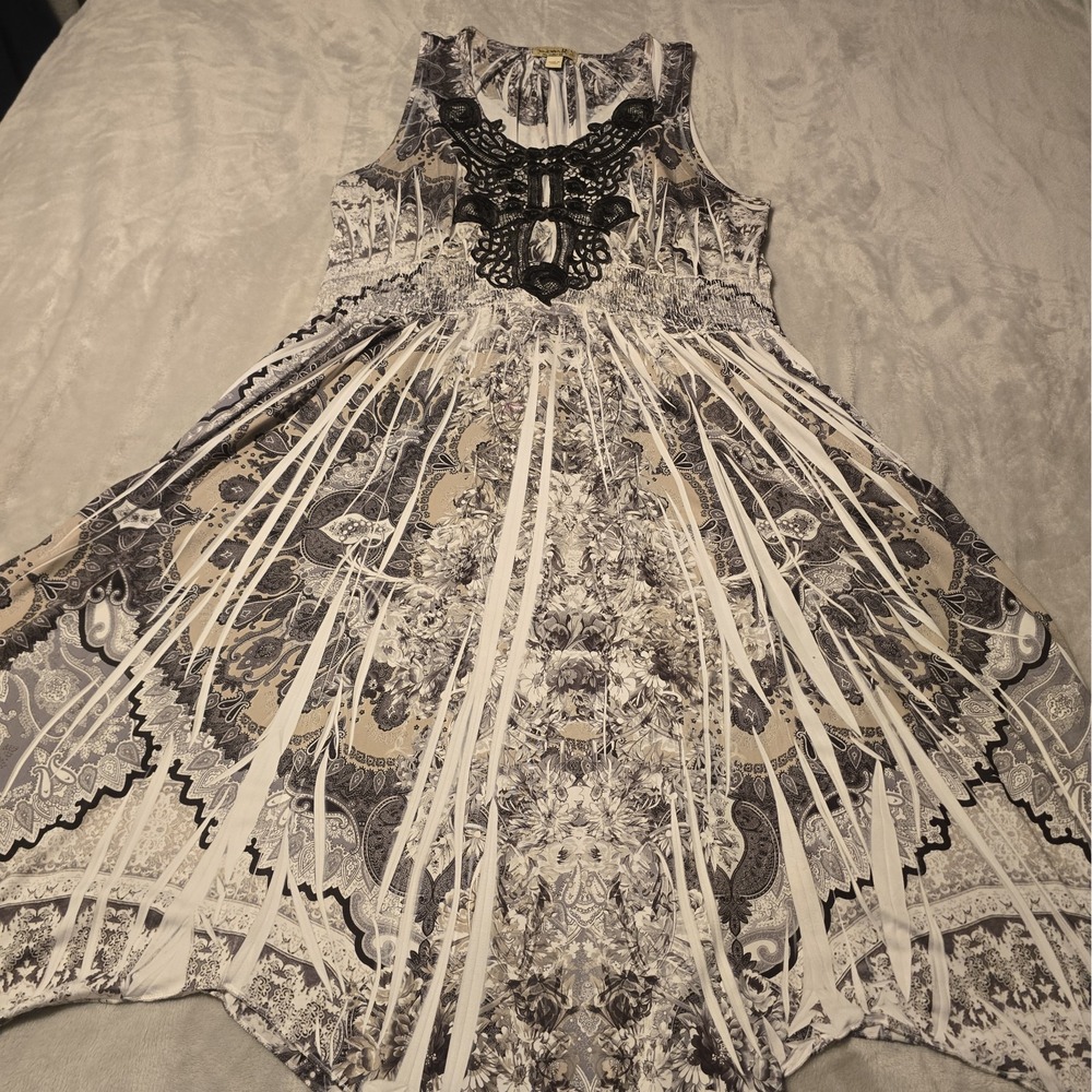 One World Womens L Black White Boho Midi Dress Floral Abstract Cottagecore